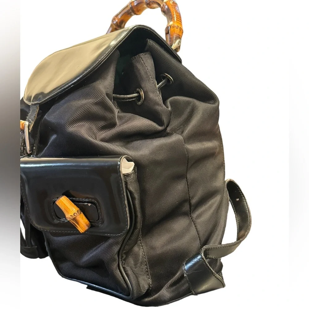 GUCCI Vintage Bamboo Patent Leather/Canvas Backpack Black with Dust Bag